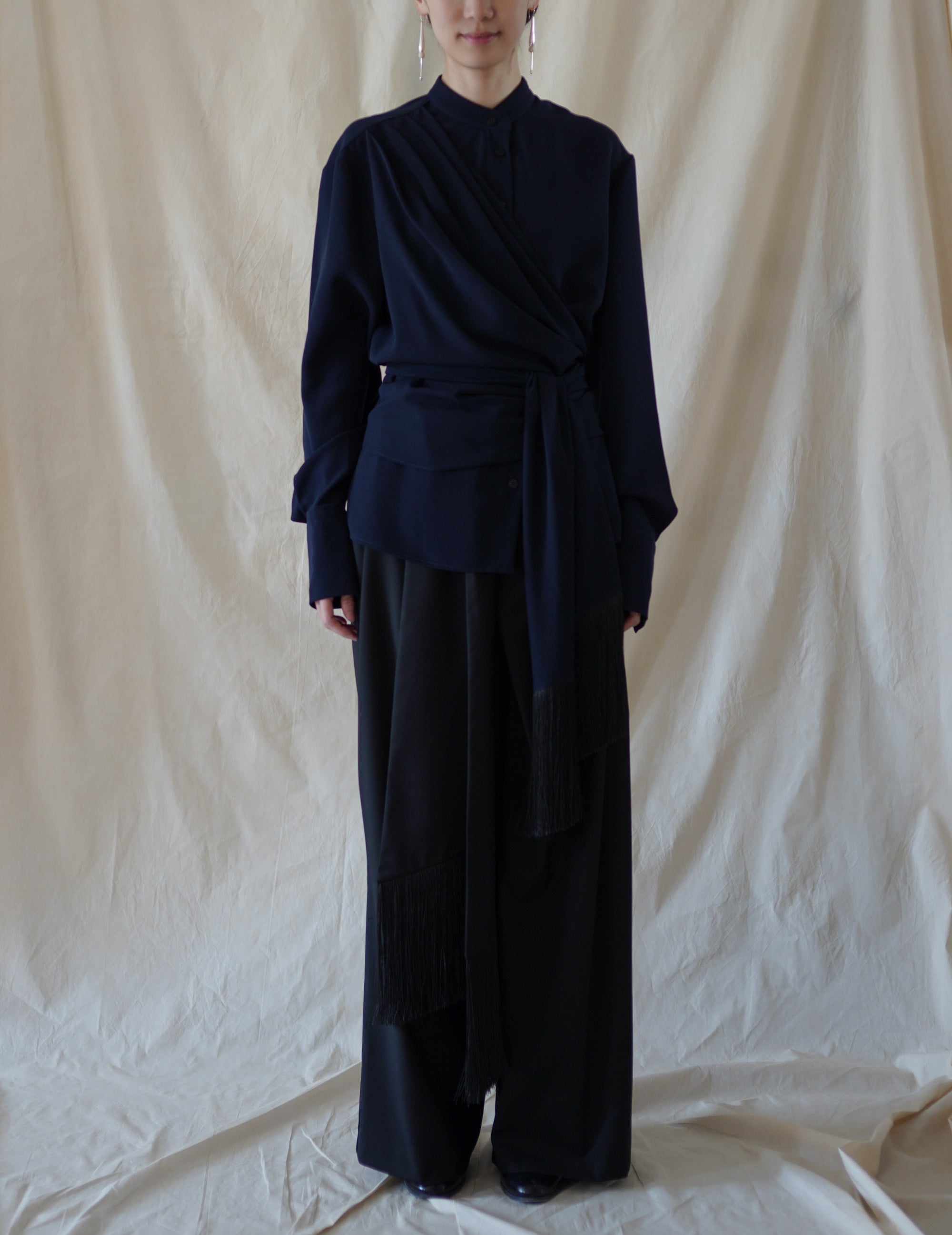 DELEGAN | Belt Fringe Shirt・Navy