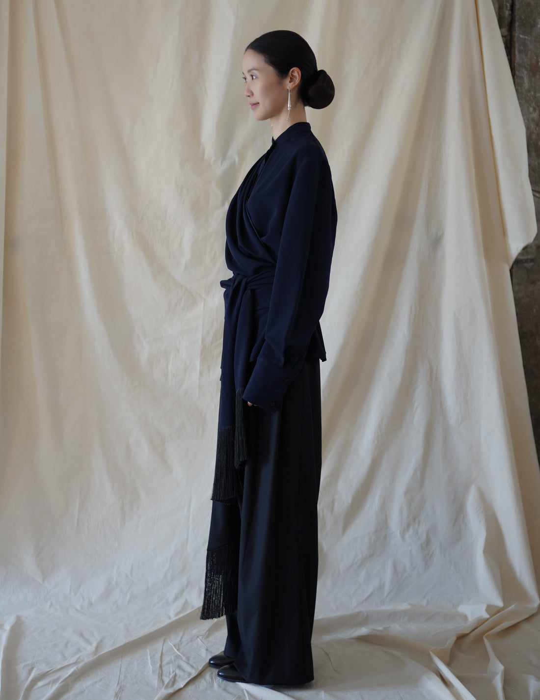 DELEGAN | Belt Fringe Shirt・Navy