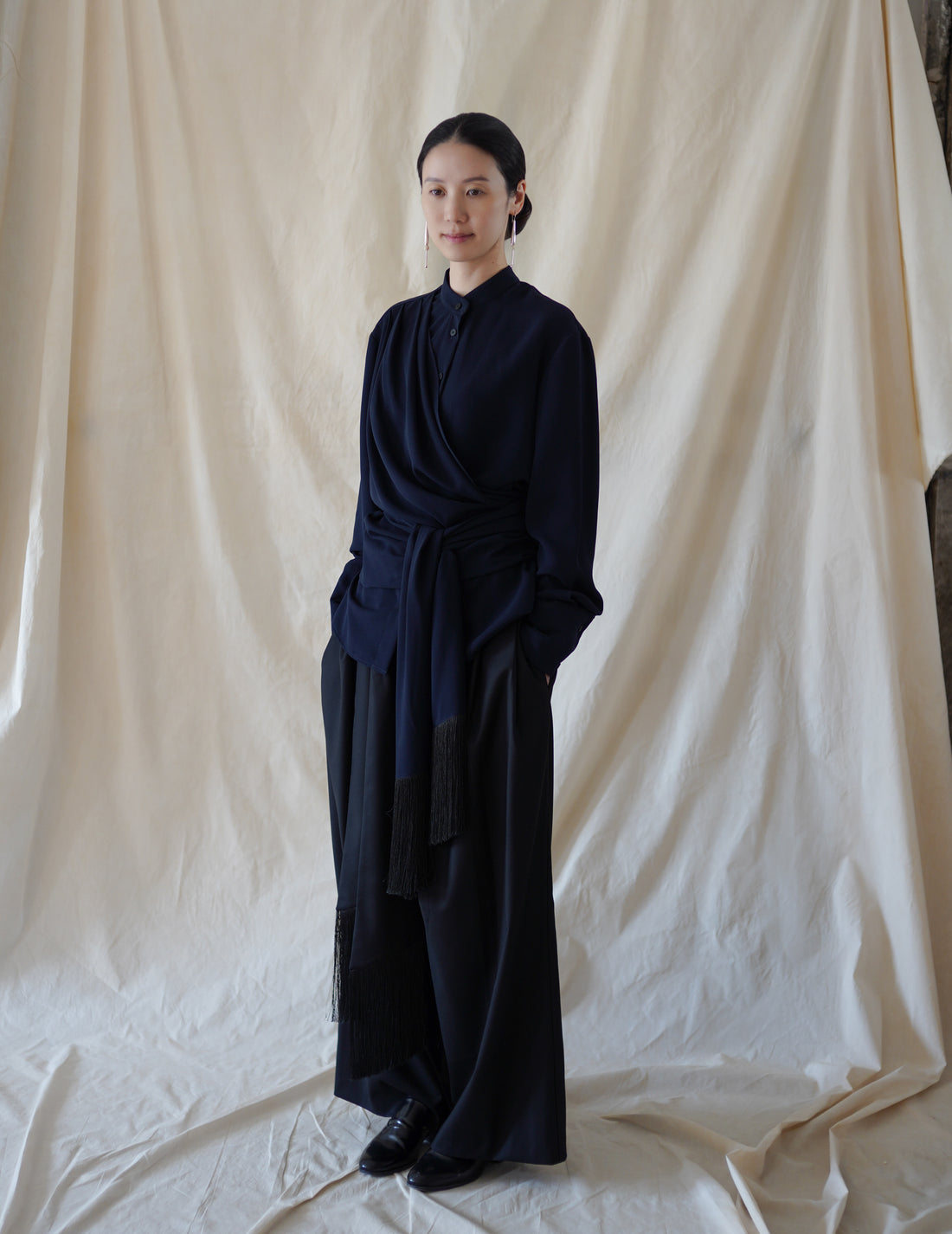 DELEGAN | Belt Fringe Shirt・Navy