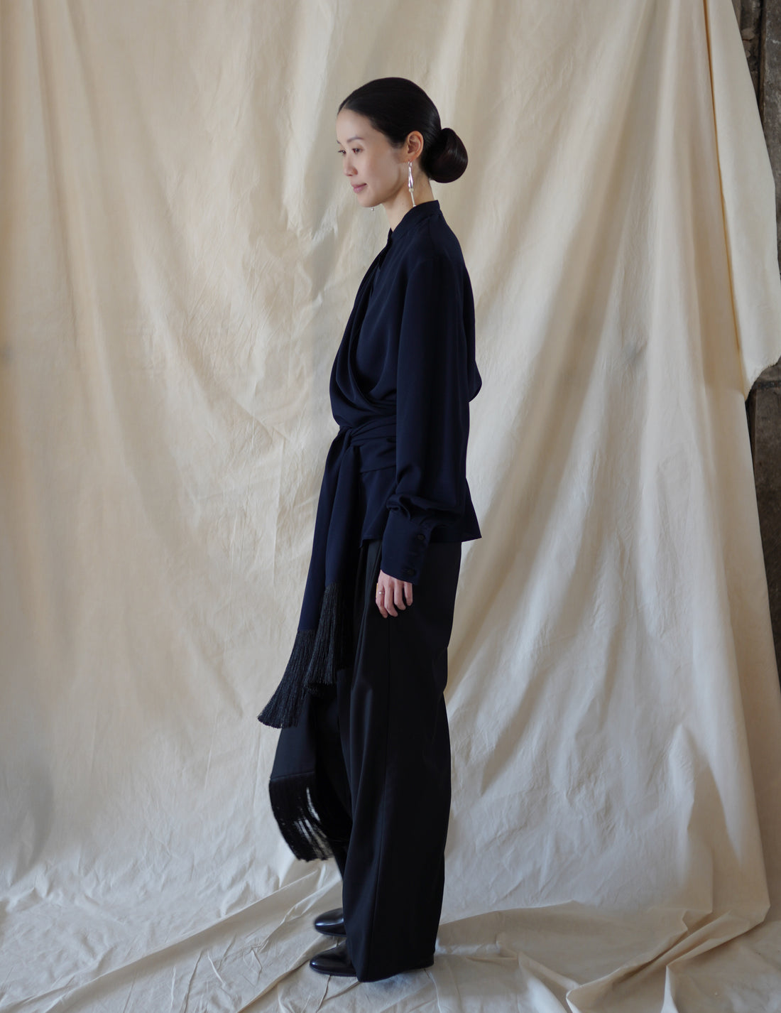 DELEGAN | Belt Fringe Shirt・Navy