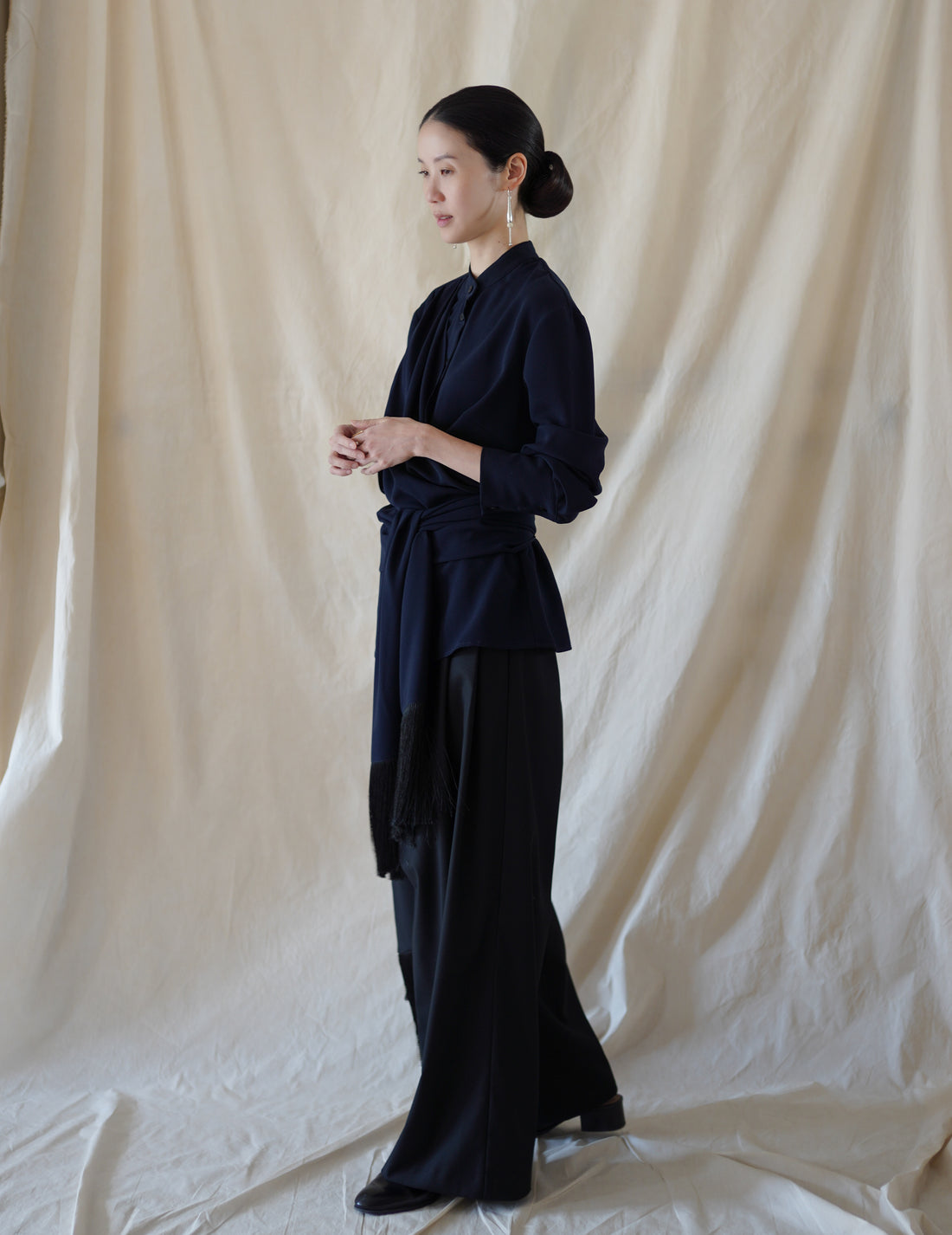 DELEGAN | Belt Fringe Shirt・Navy