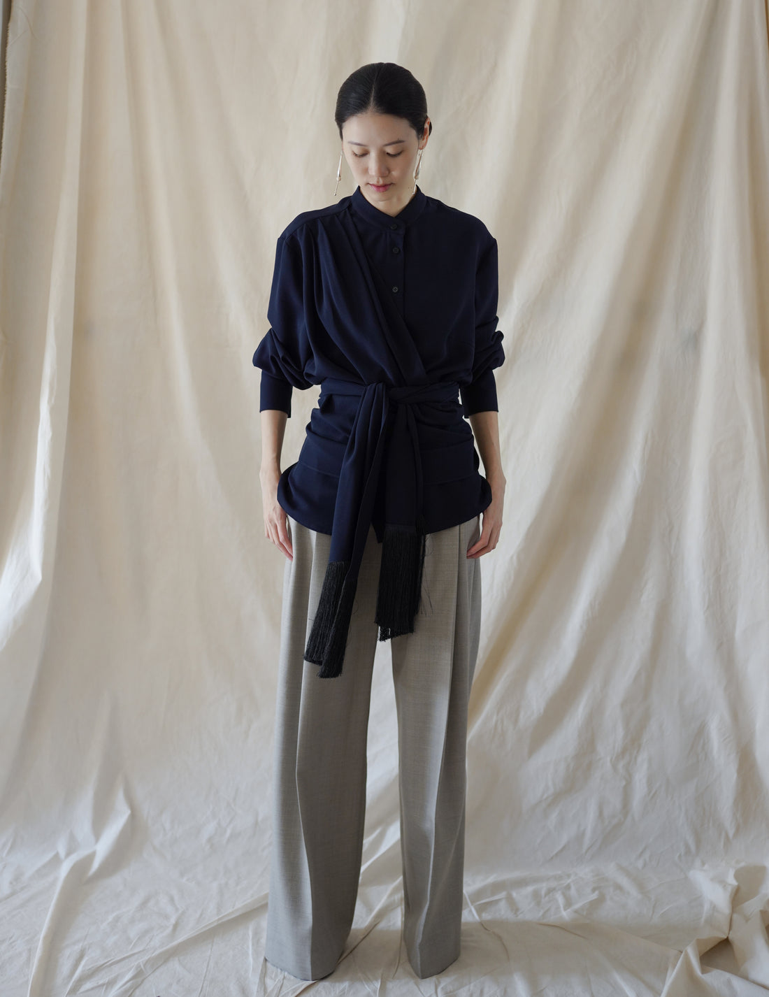 DELEGAN | Belt Fringe Shirt・Navy