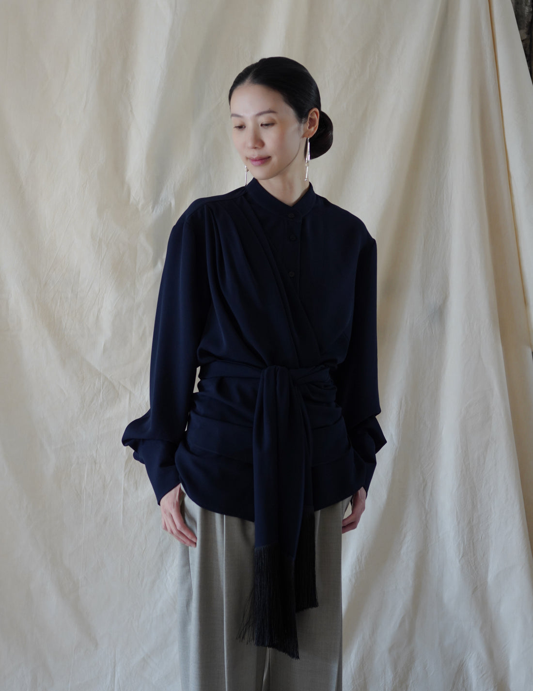 DELEGAN | Belt Fringe Shirt・Navy