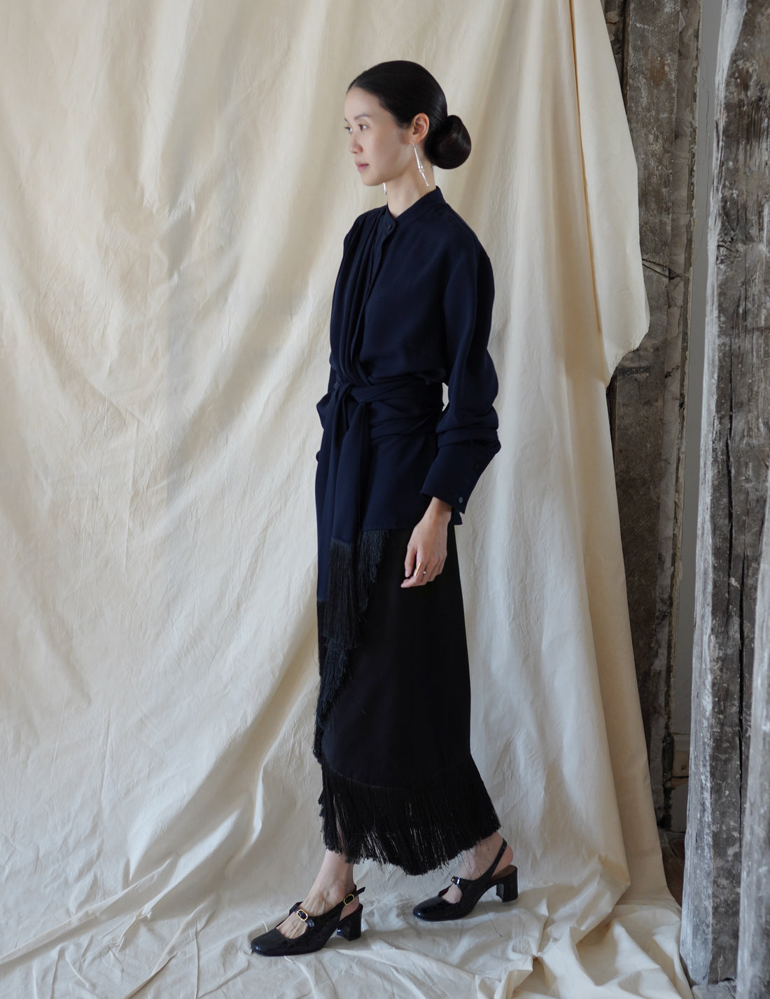 DELEGAN | Belt Fringe Shirt・Navy