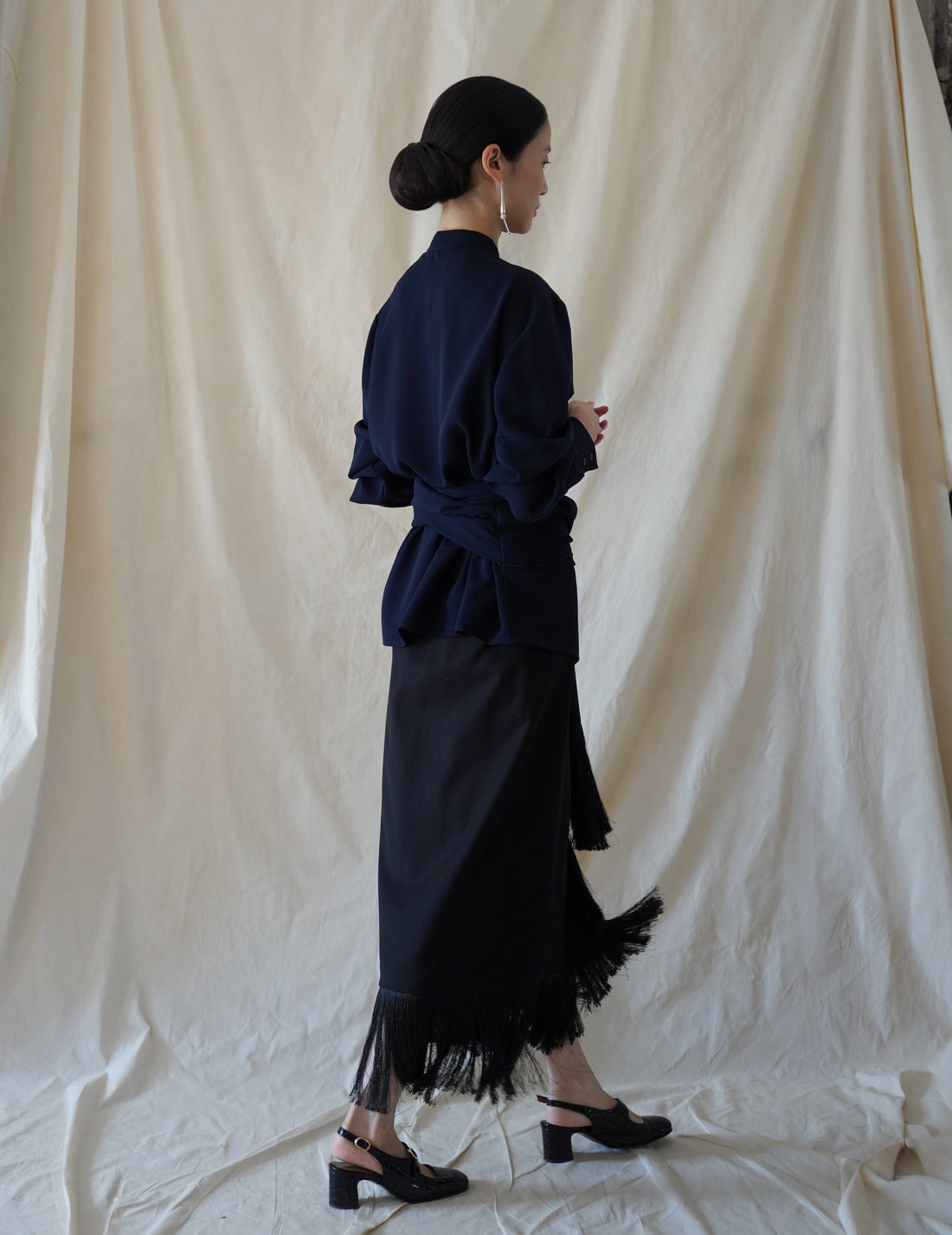 DELEGAN | Belt Fringe Shirt・Navy