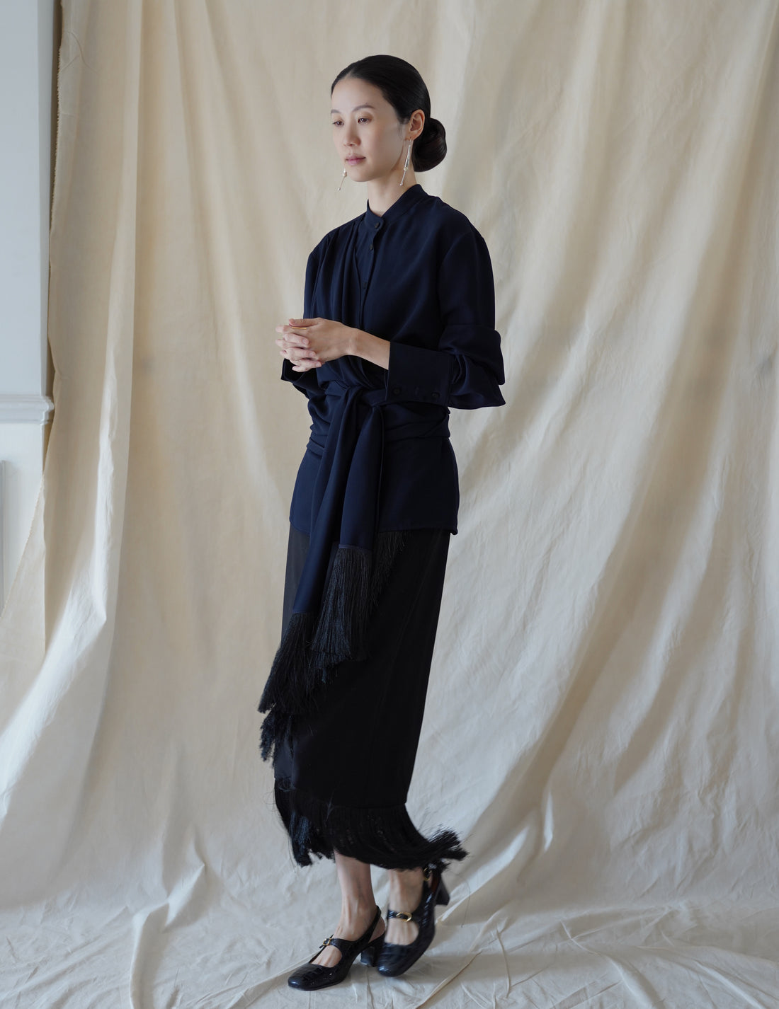 DELEGAN | Belt Fringe Shirt・Navy