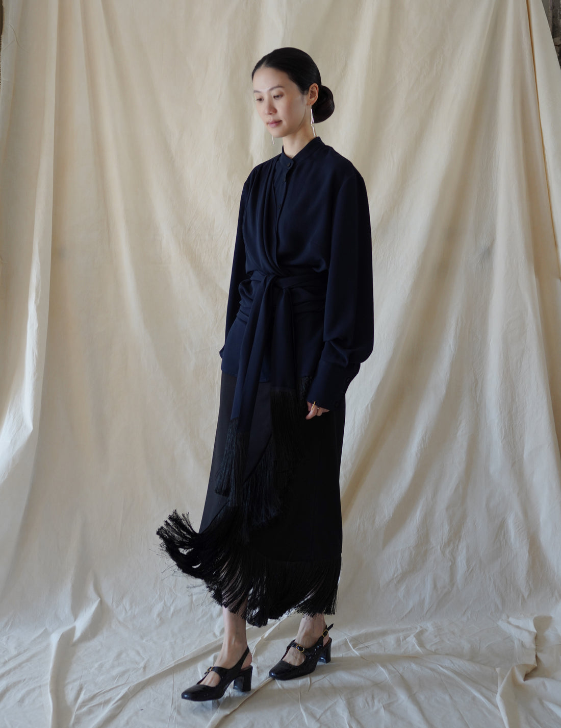 DELEGAN | Belt Fringe Shirt・Navy