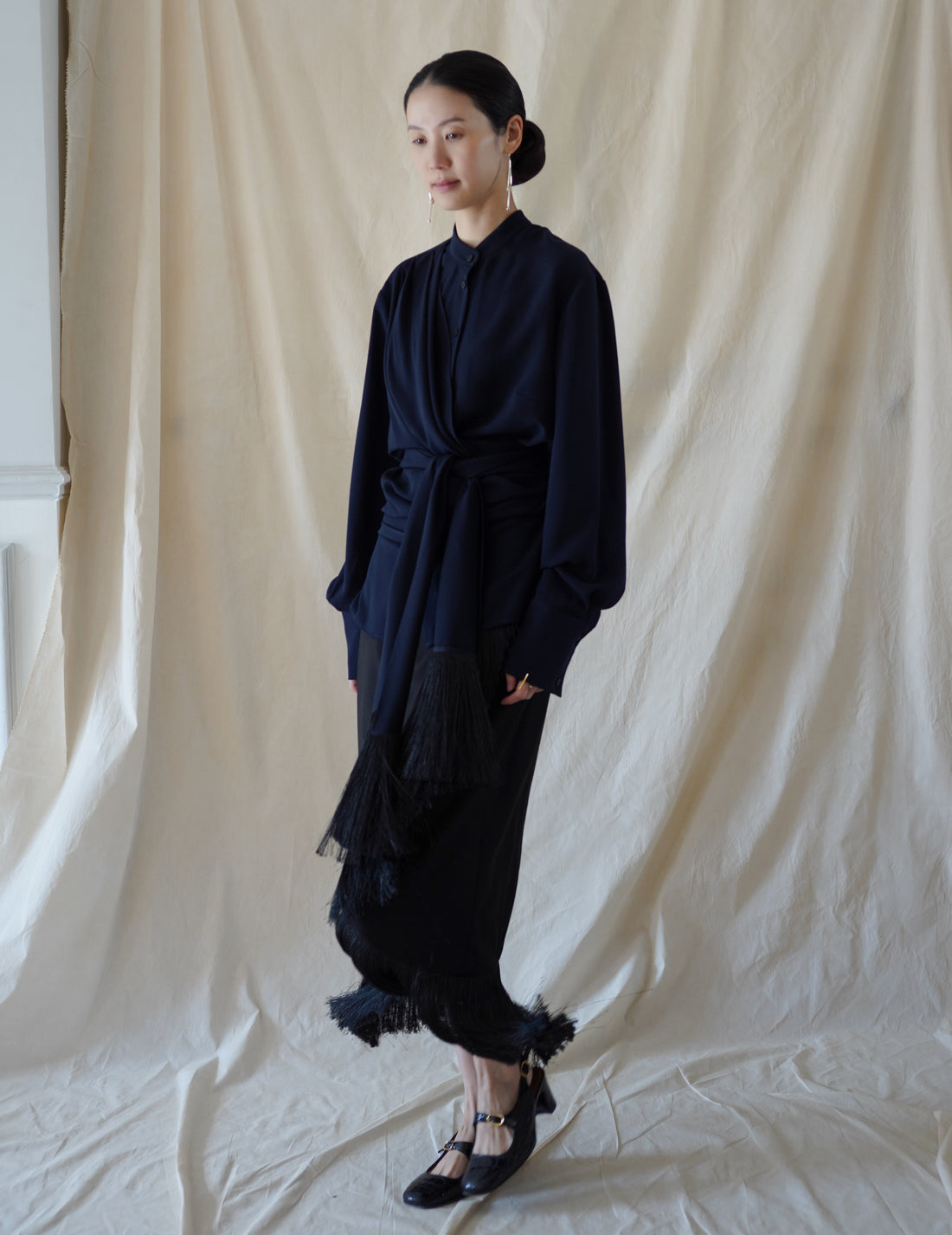 DELEGAN | Belt Fringe Shirt・Navy