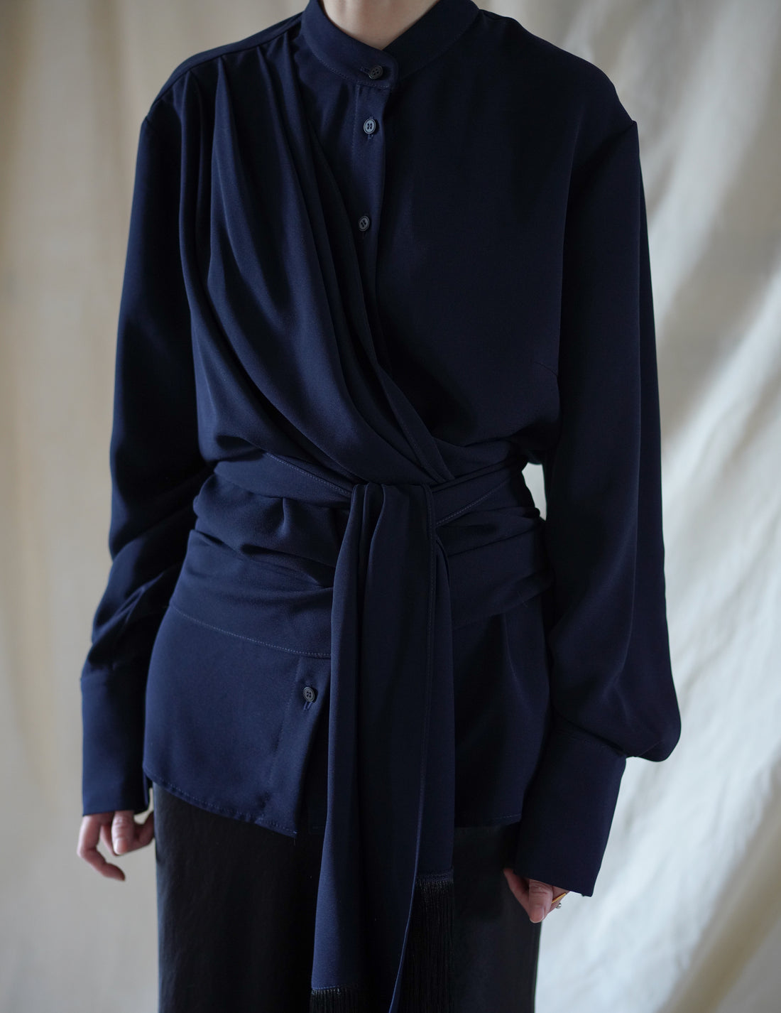 DELEGAN | Belt Fringe Shirt・Navy