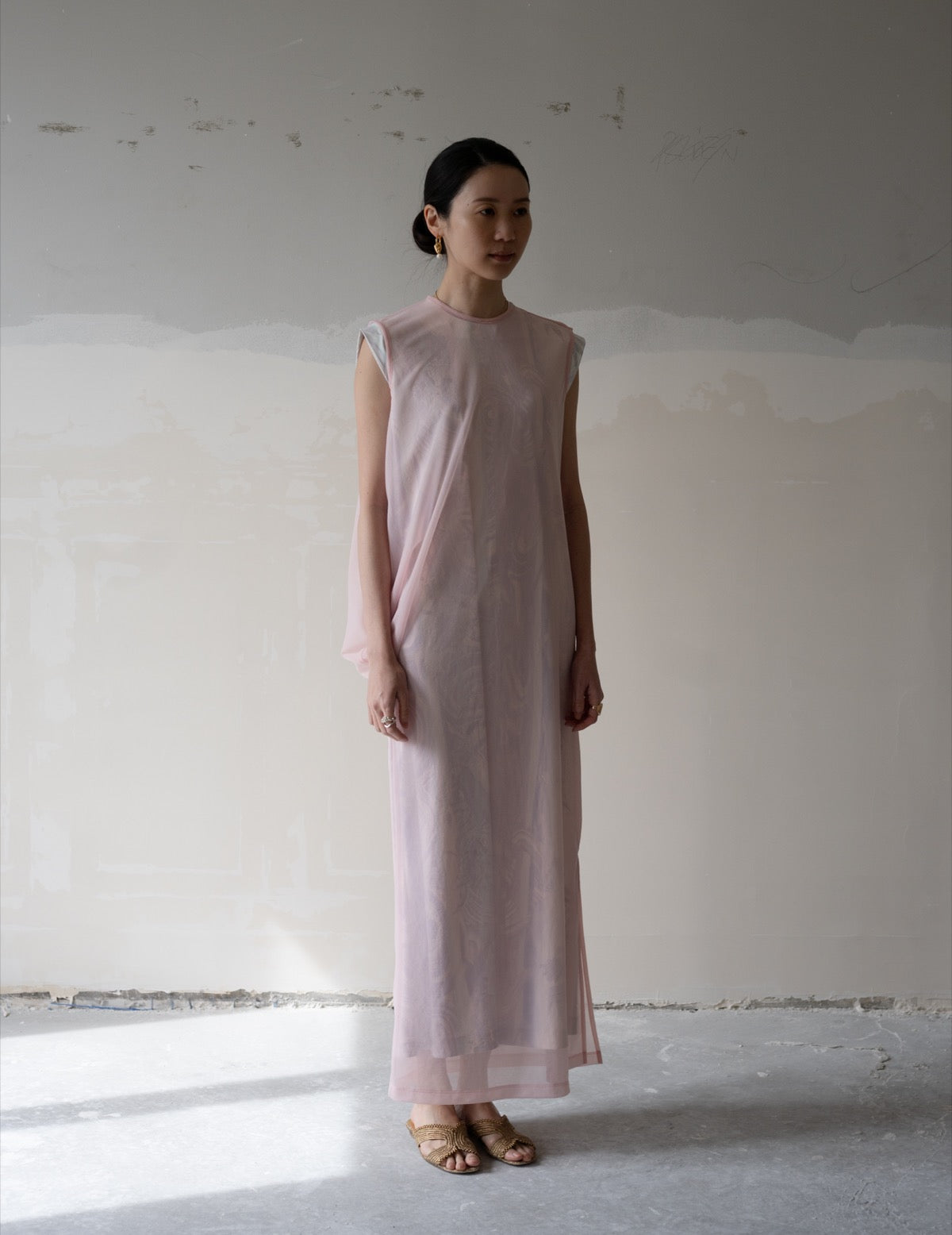Draped Jersey Sheer Dress・Pink