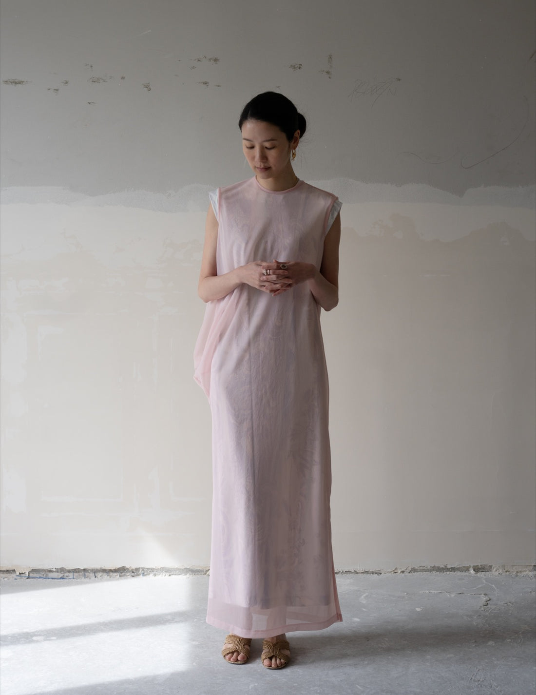 Draped Jersey Sheer Dress・Pink