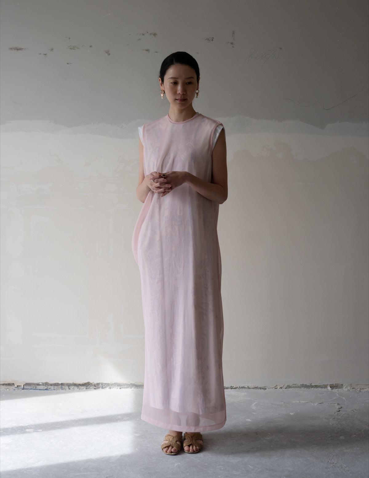 Draped Jersey Sheer Dress・Pink