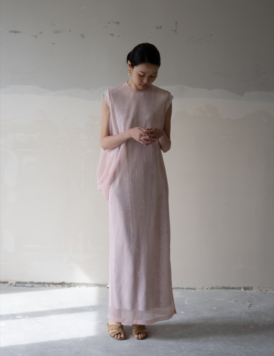 Draped Jersey Sheer Dress・Pink