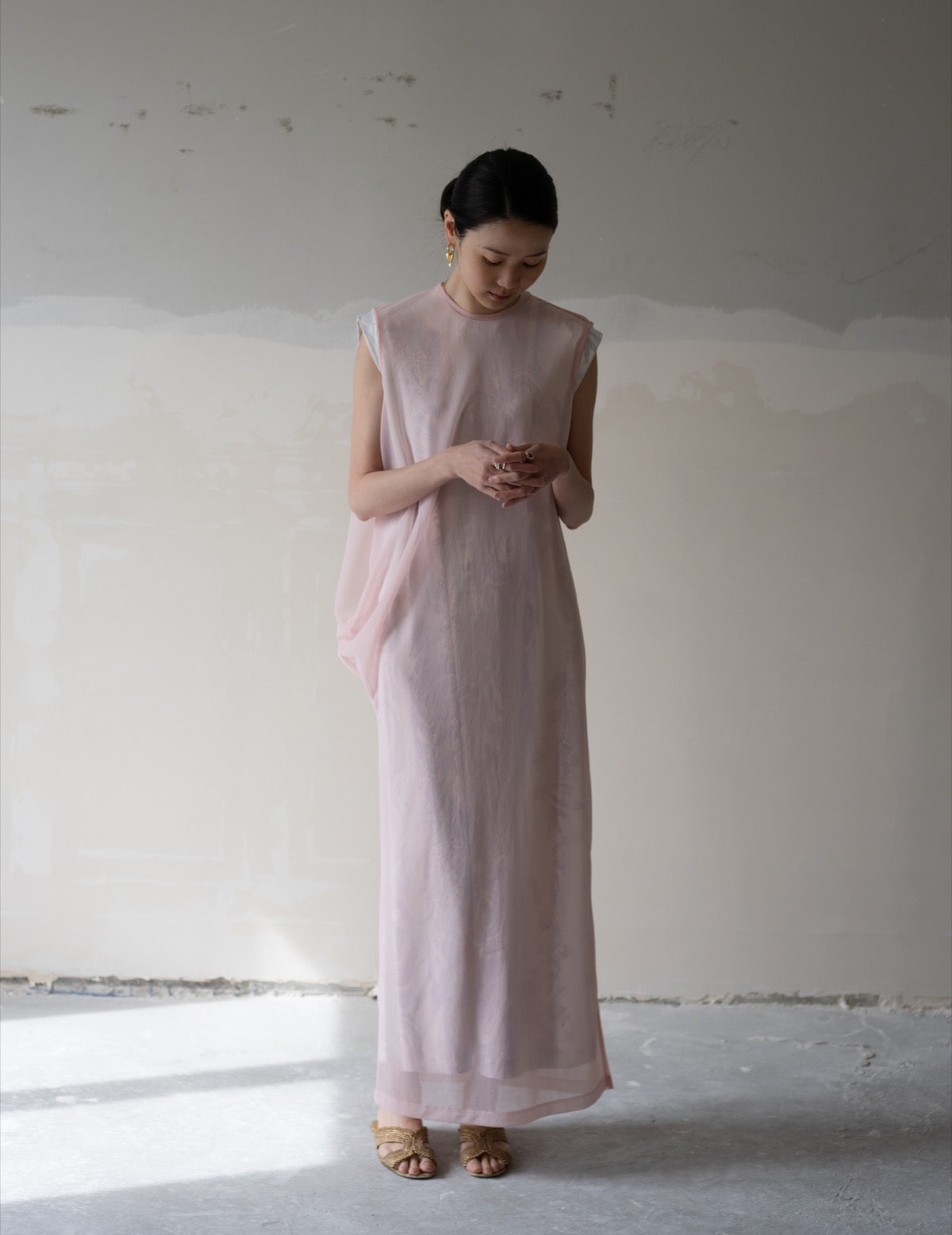 Draped Jersey Sheer Dress・Pink