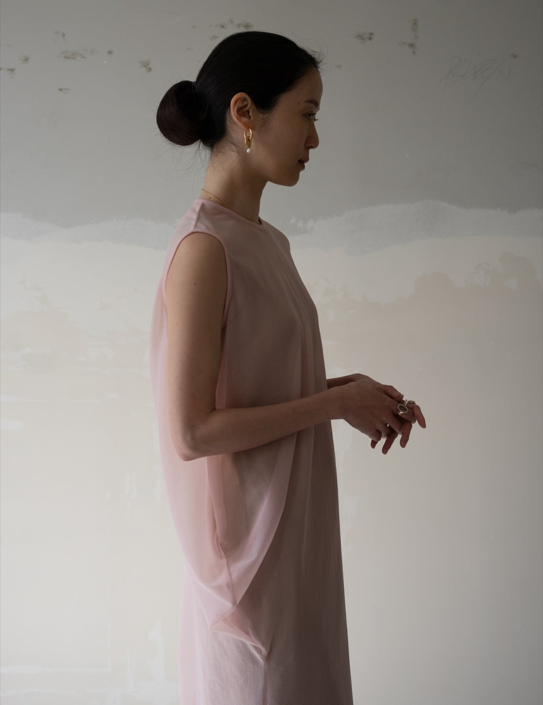 Draped Jersey Sheer Dress・Pink