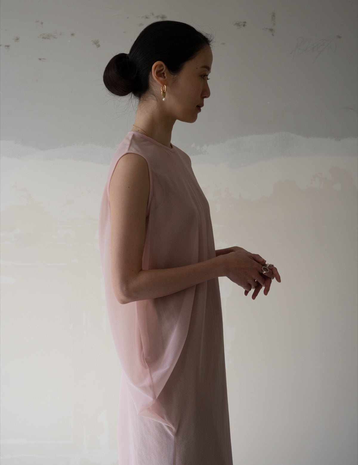 Draped Jersey Sheer Dress・Pink