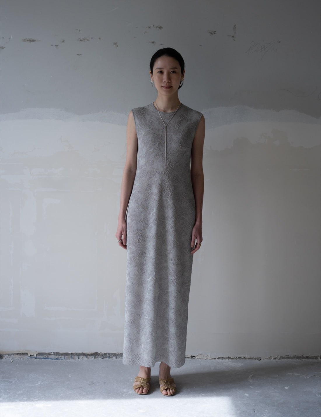 Floral Jacquard Sheer Knit Dress・Grey