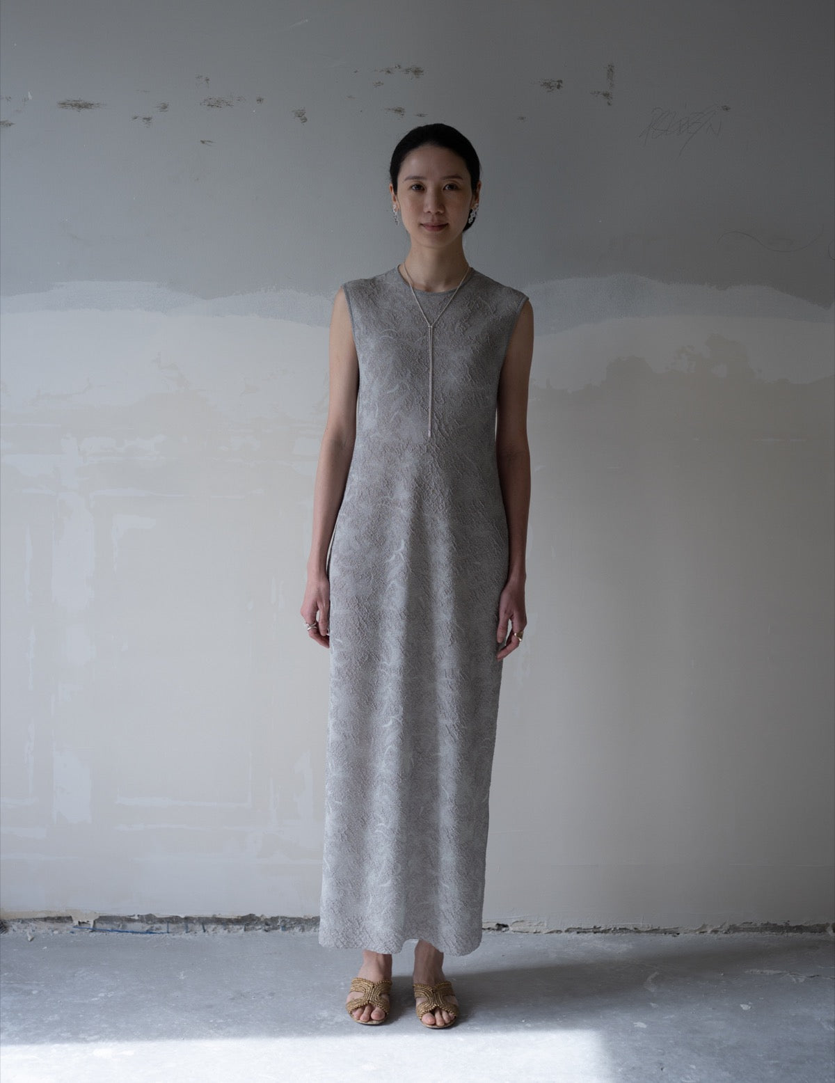 Floral Jacquard Sheer Knit Dress・Grey