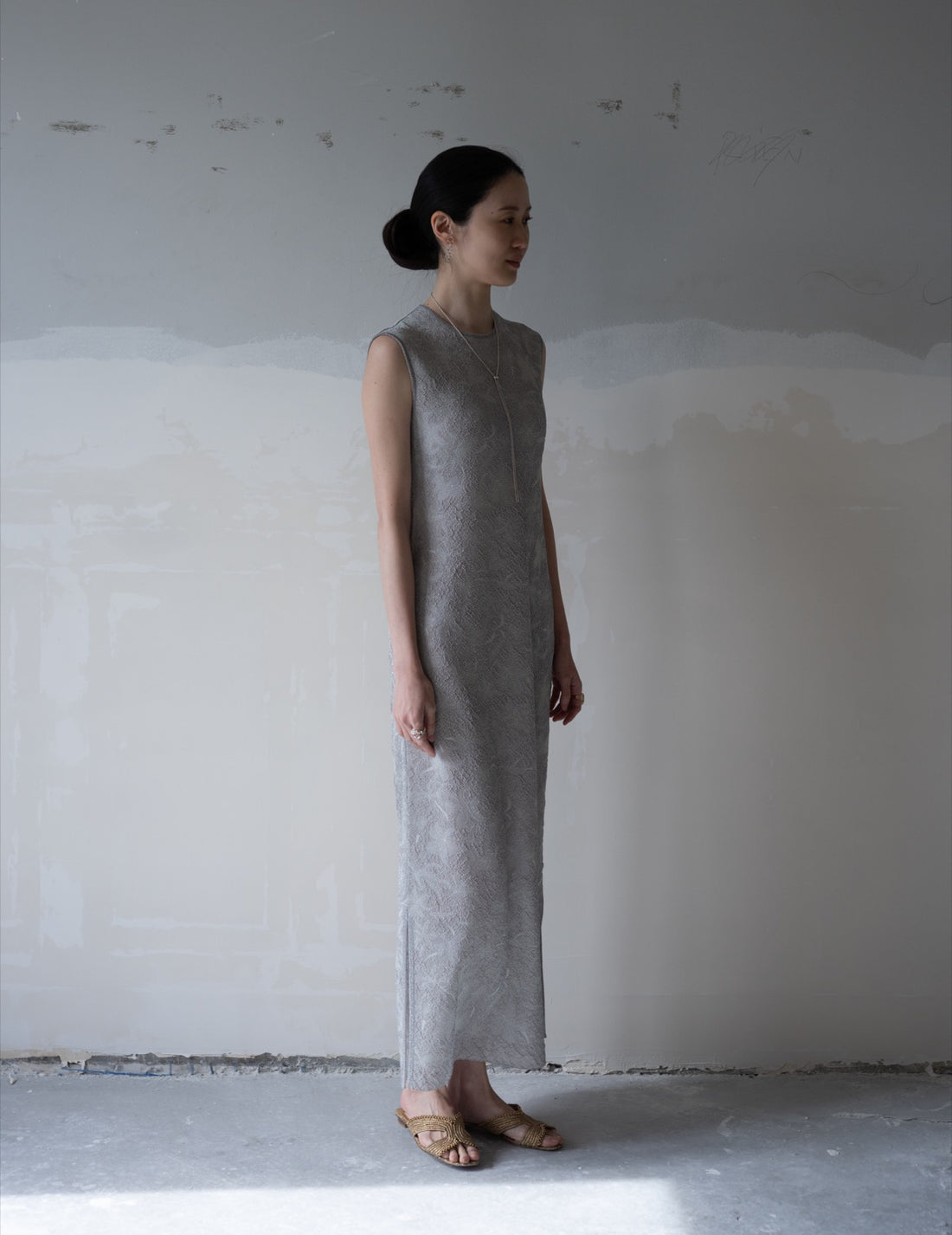 Floral Jacquard Sheer Knit Dress・Grey