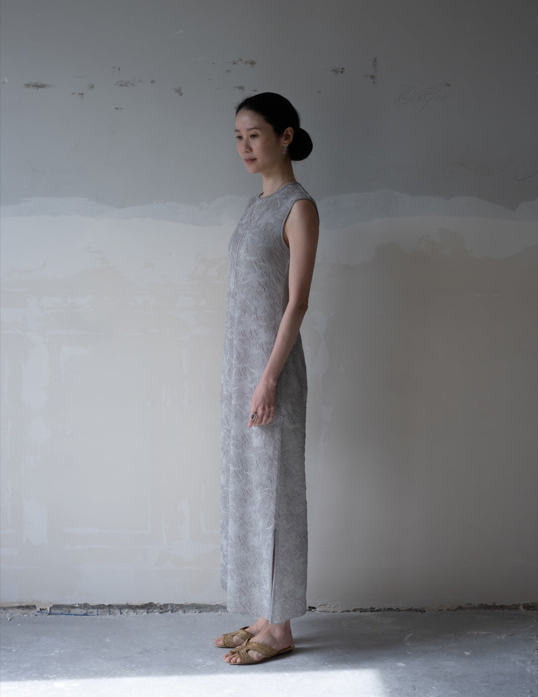 Floral Jacquard Sheer Knit Dress・Grey