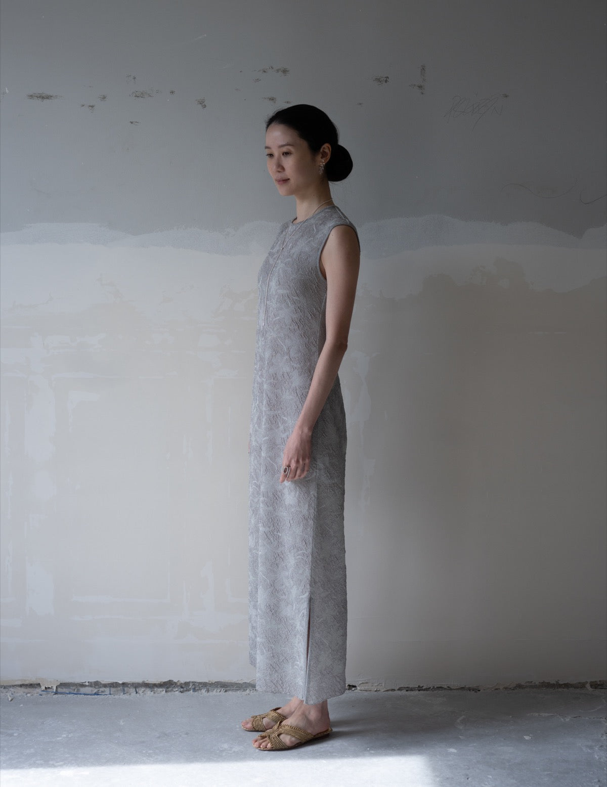 Floral Jacquard Sheer Knit Dress・Grey