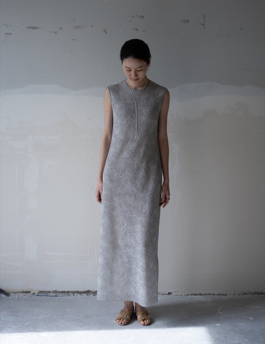 Floral Jacquard Sheer Knit Dress・Grey