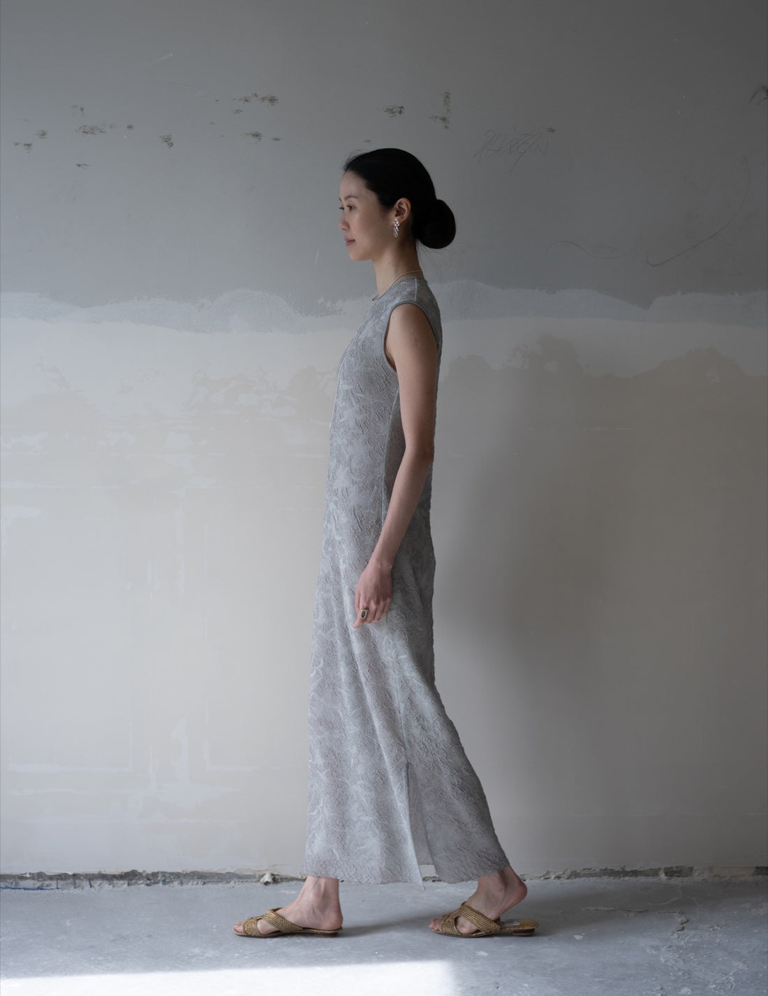 Floral Jacquard Sheer Knit Dress・Grey