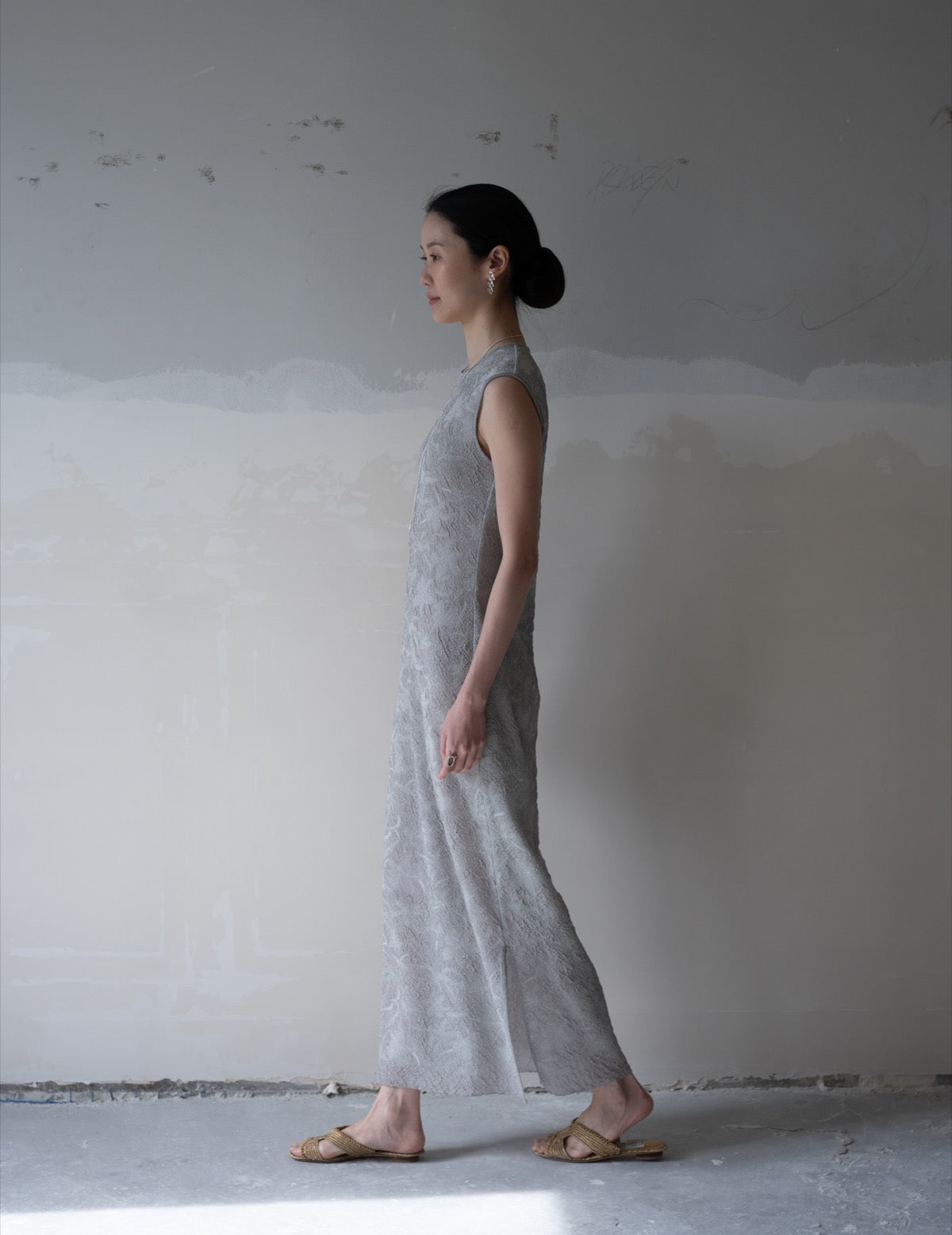 Floral Jacquard Sheer Knit Dress・Grey
