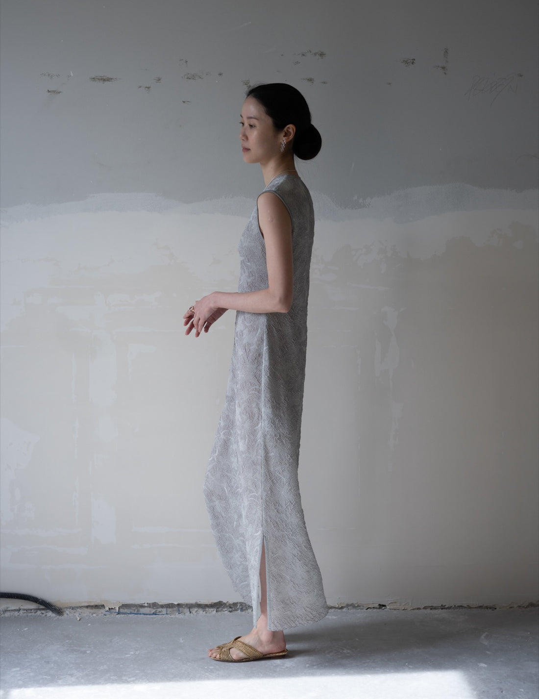 Floral Jacquard Sheer Knit Dress・Grey
