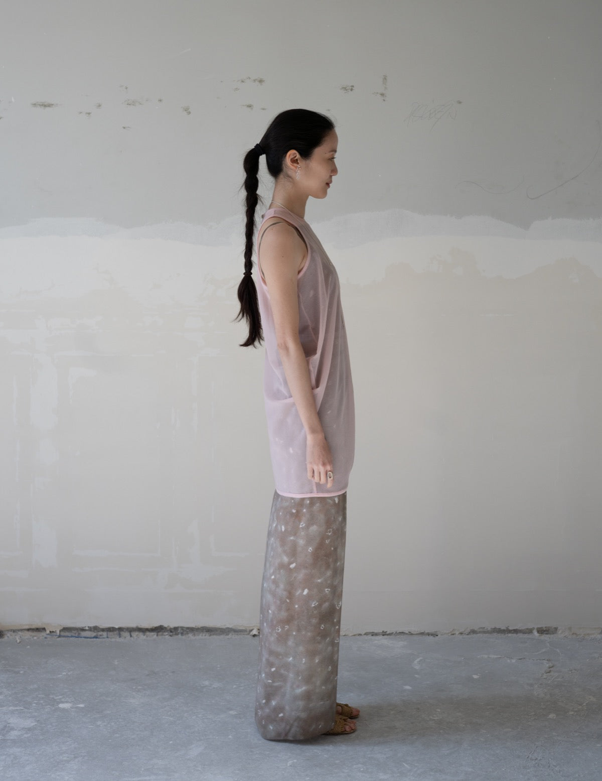 Draped Jersey Sheer Sleeveless Top・Pink