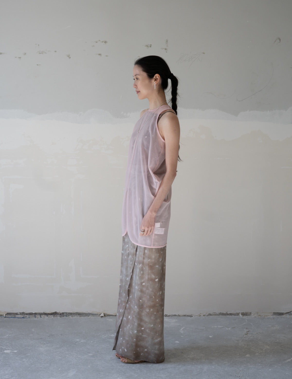 Draped Jersey Sheer Sleeveless Top・Pink