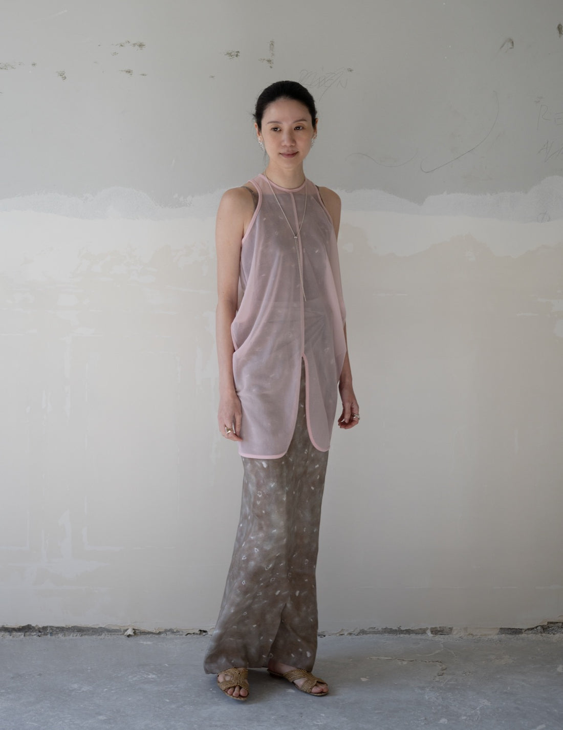 Draped Jersey Sheer Sleeveless Top・Pink