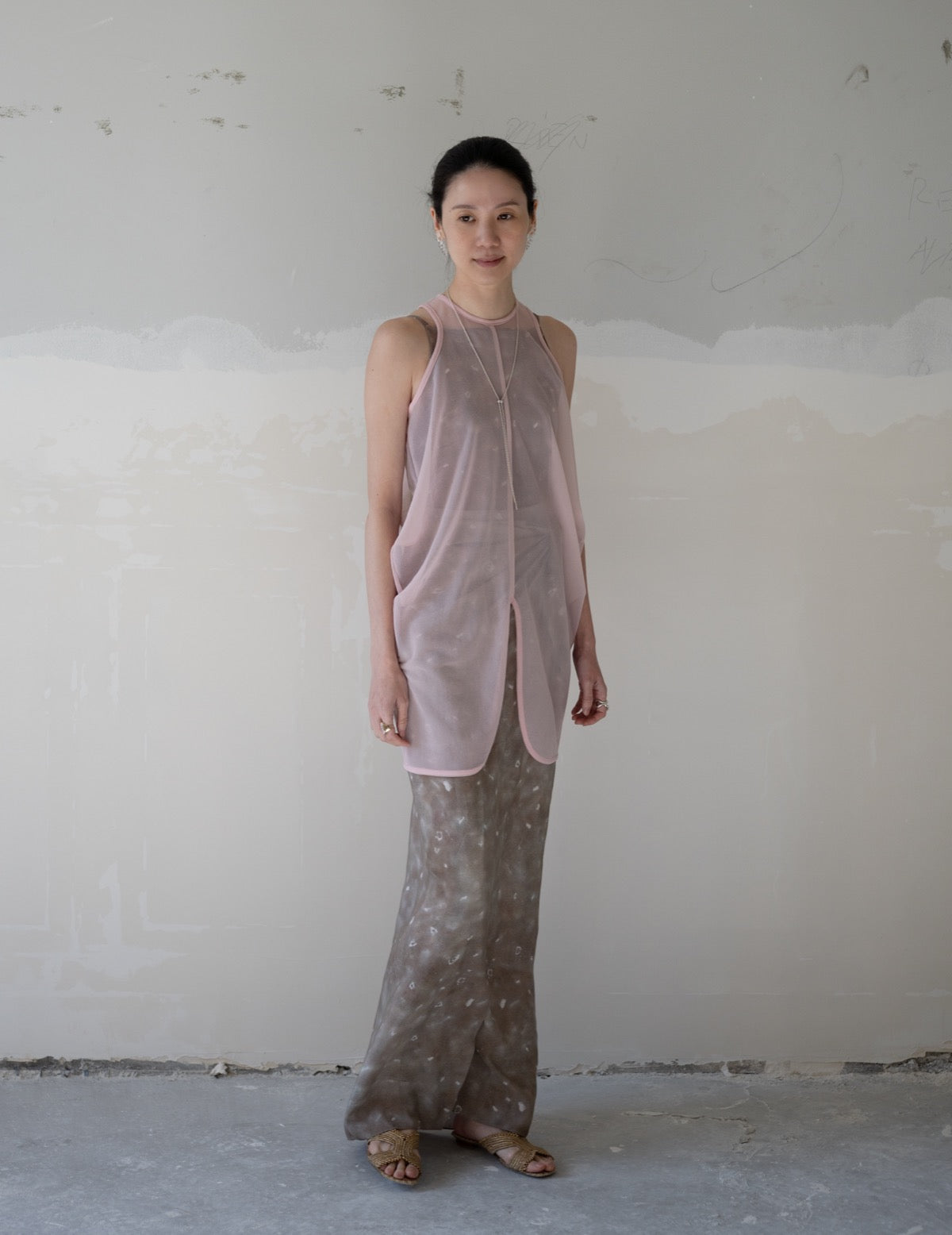 Draped Jersey Sheer Sleeveless Top・Pink