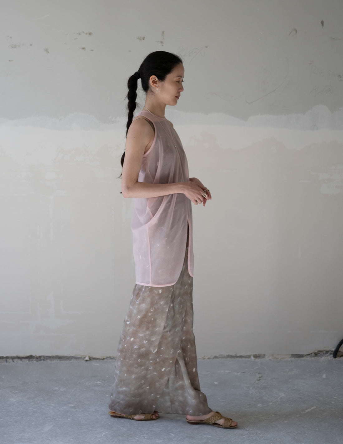 Draped Jersey Sheer Sleeveless Top・Pink