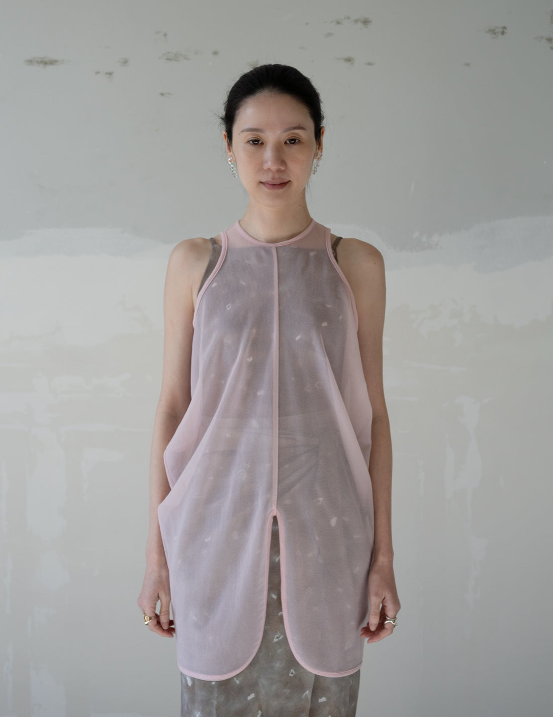 Draped Jersey Sheer Sleeveless Top・Pink