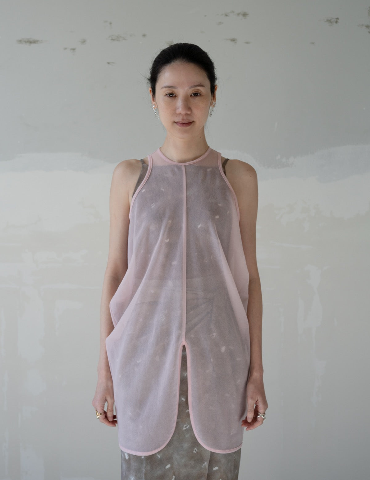 Draped Jersey Sheer Sleeveless Top・Pink