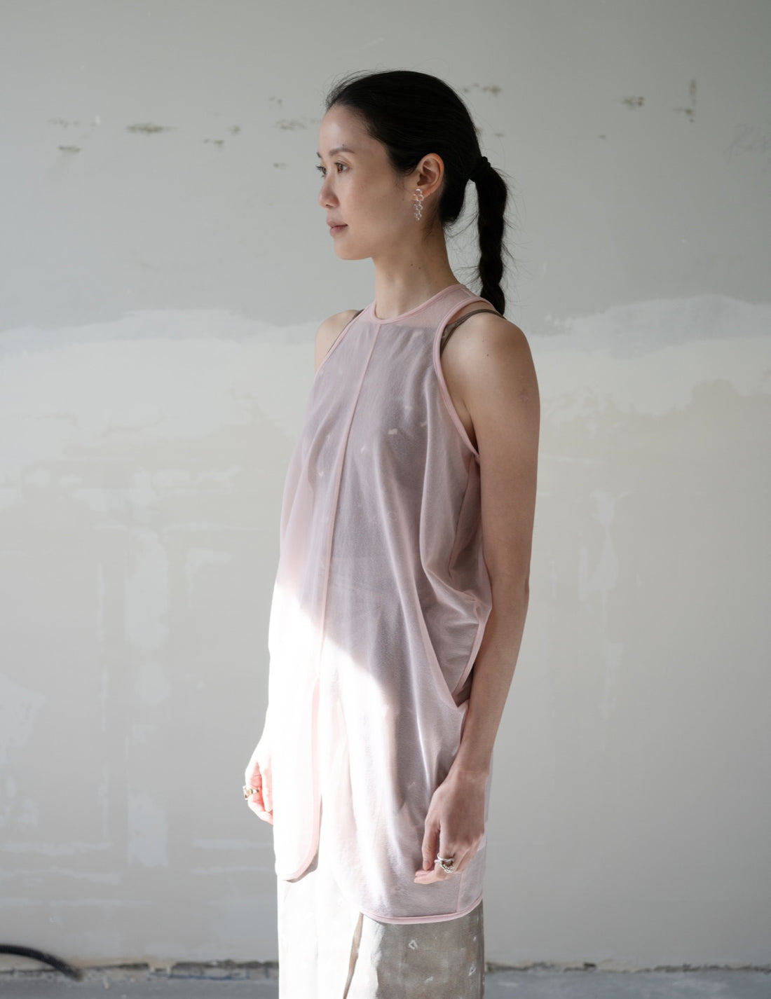 Draped Jersey Sheer Sleeveless Top・Pink