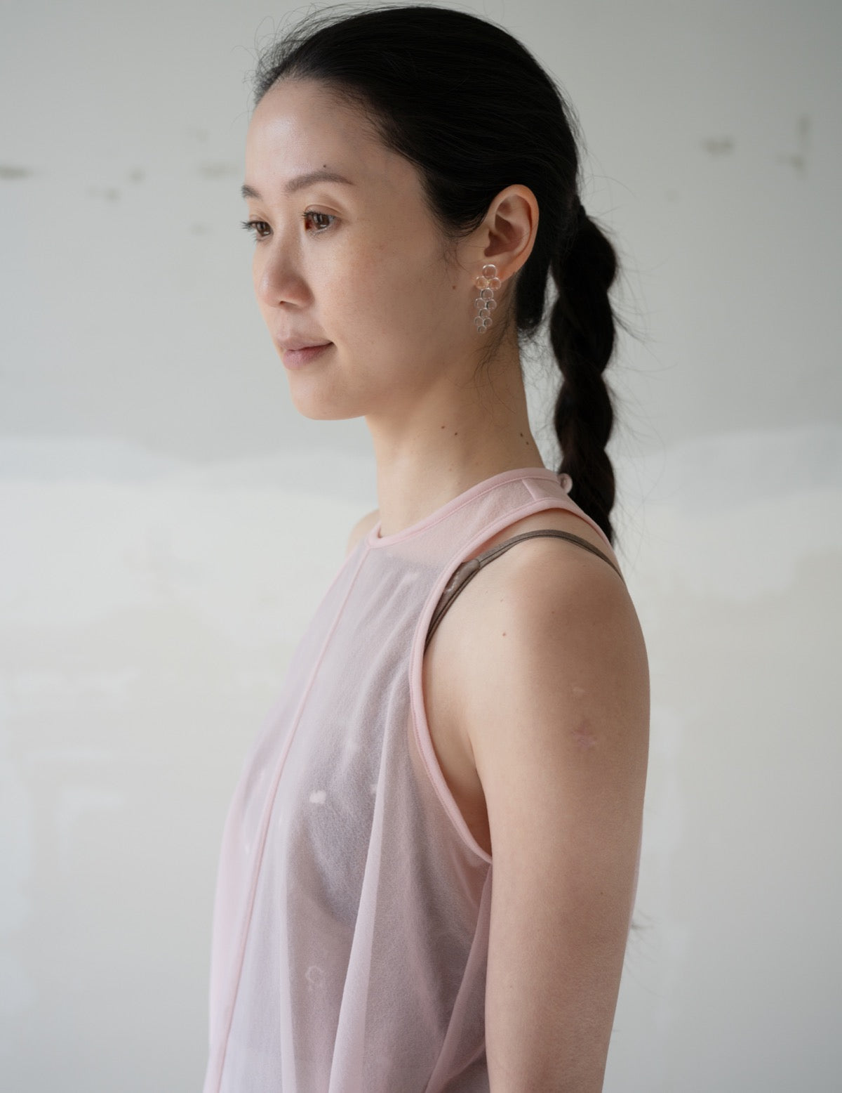 Draped Jersey Sheer Sleeveless Top・Pink