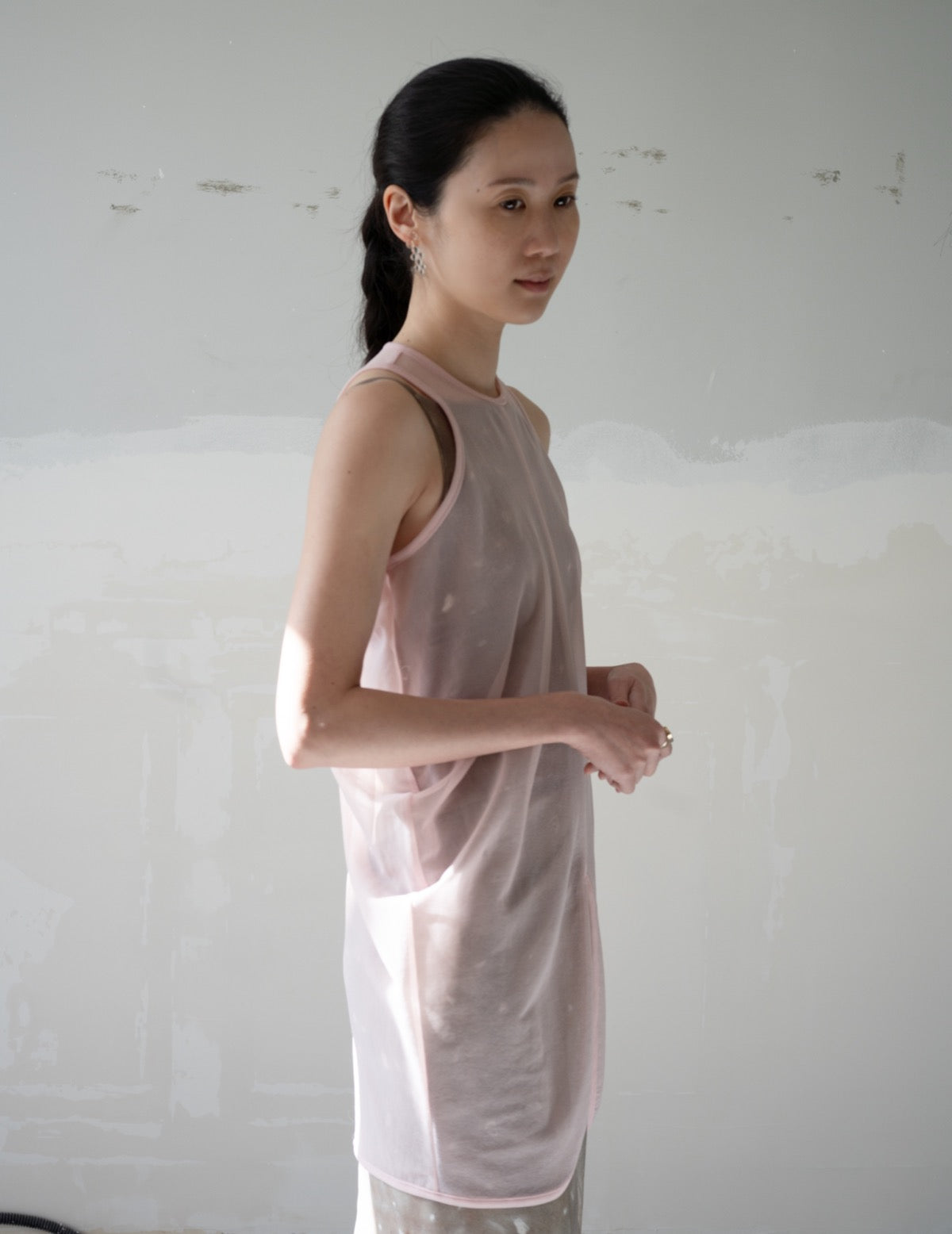 Draped Jersey Sheer Sleeveless Top・Pink