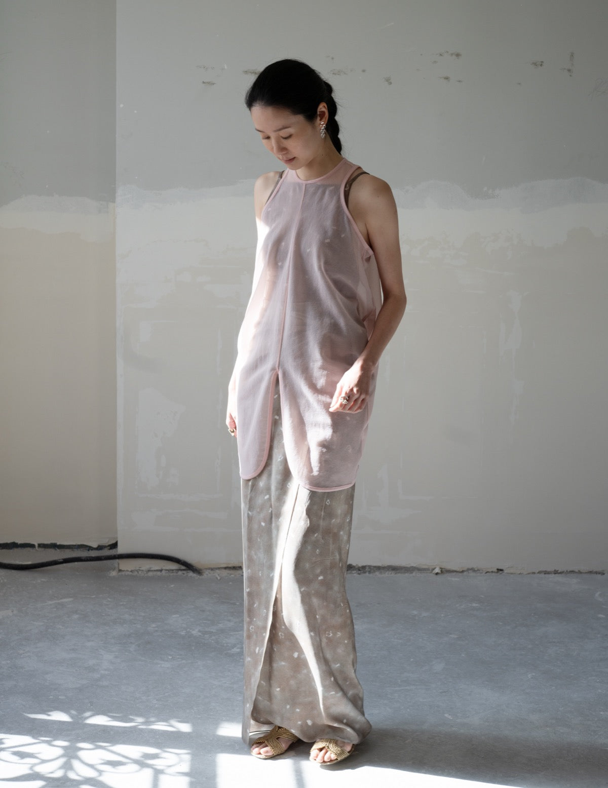 Draped Jersey Sheer Sleeveless Top・Pink