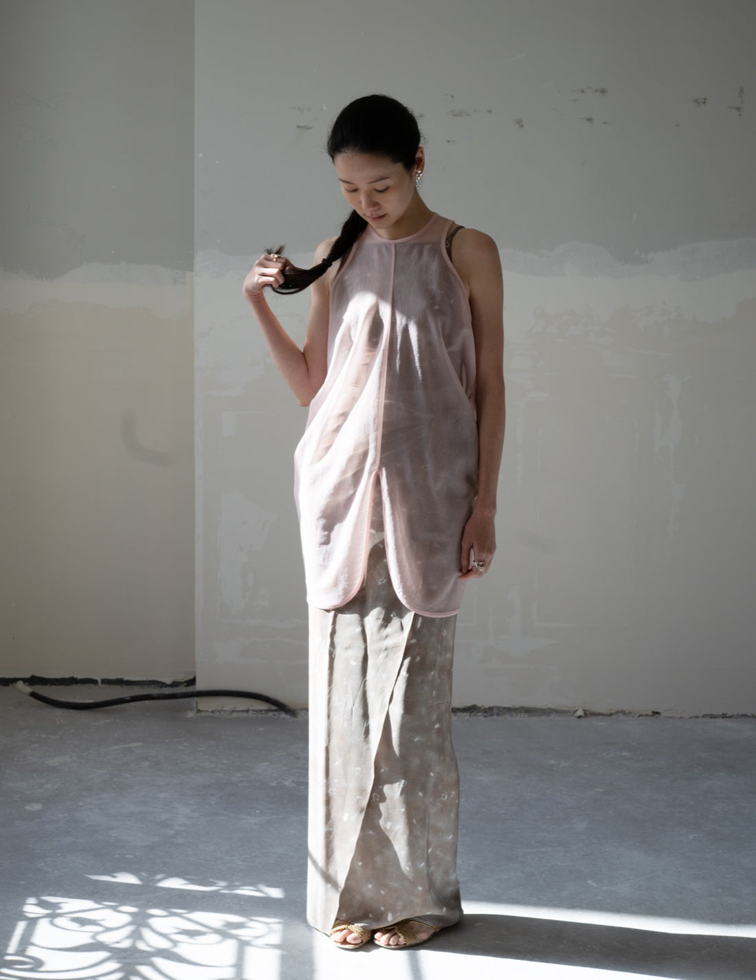 Draped Jersey Sheer Sleeveless Top・Pink