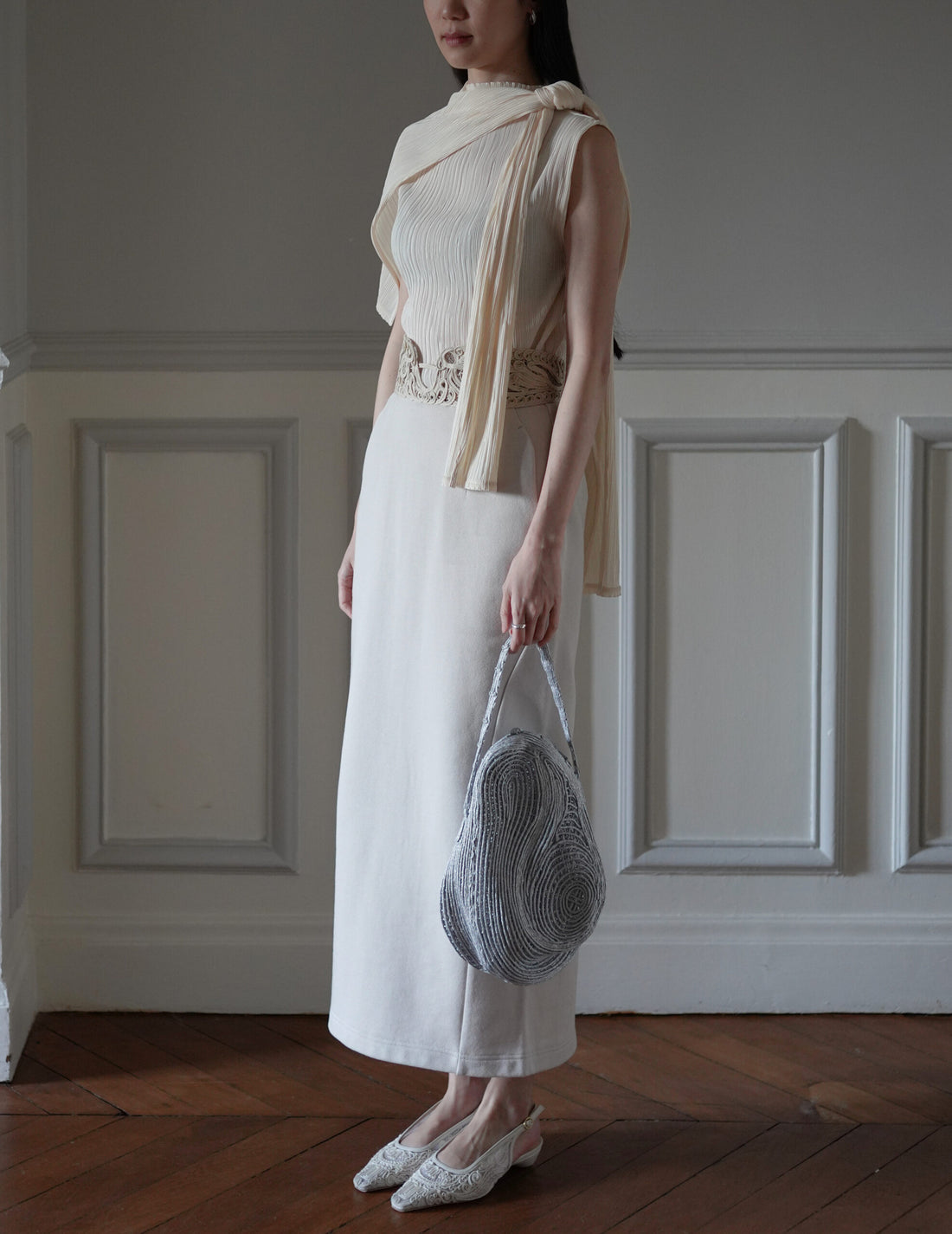 Mame Kurogouchi | Cording Embroidery Stone Round Shape Mini Bag・Silver