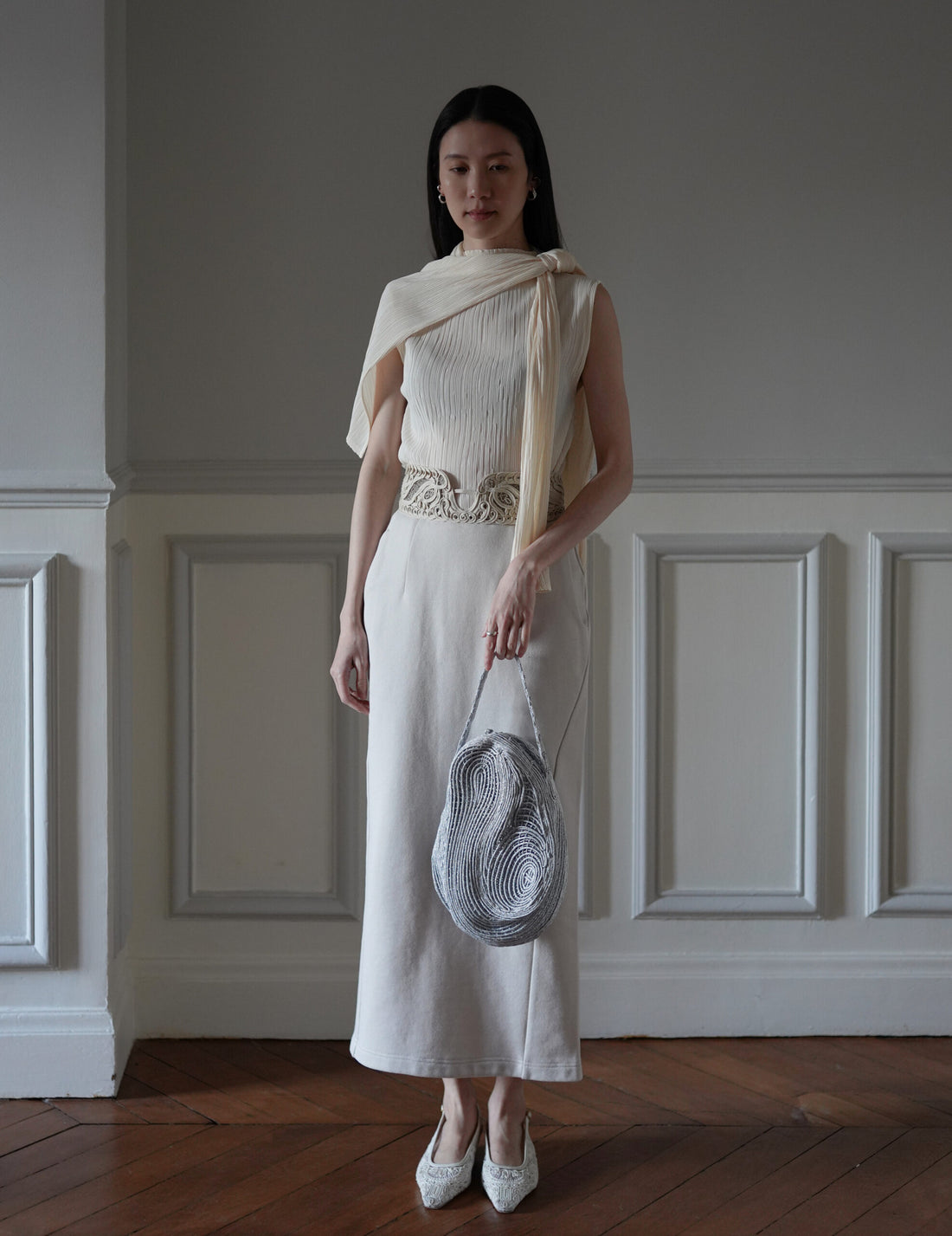 Mame Kurogouchi | Cording Embroidery Stone Round Shape Mini Bag・Silver