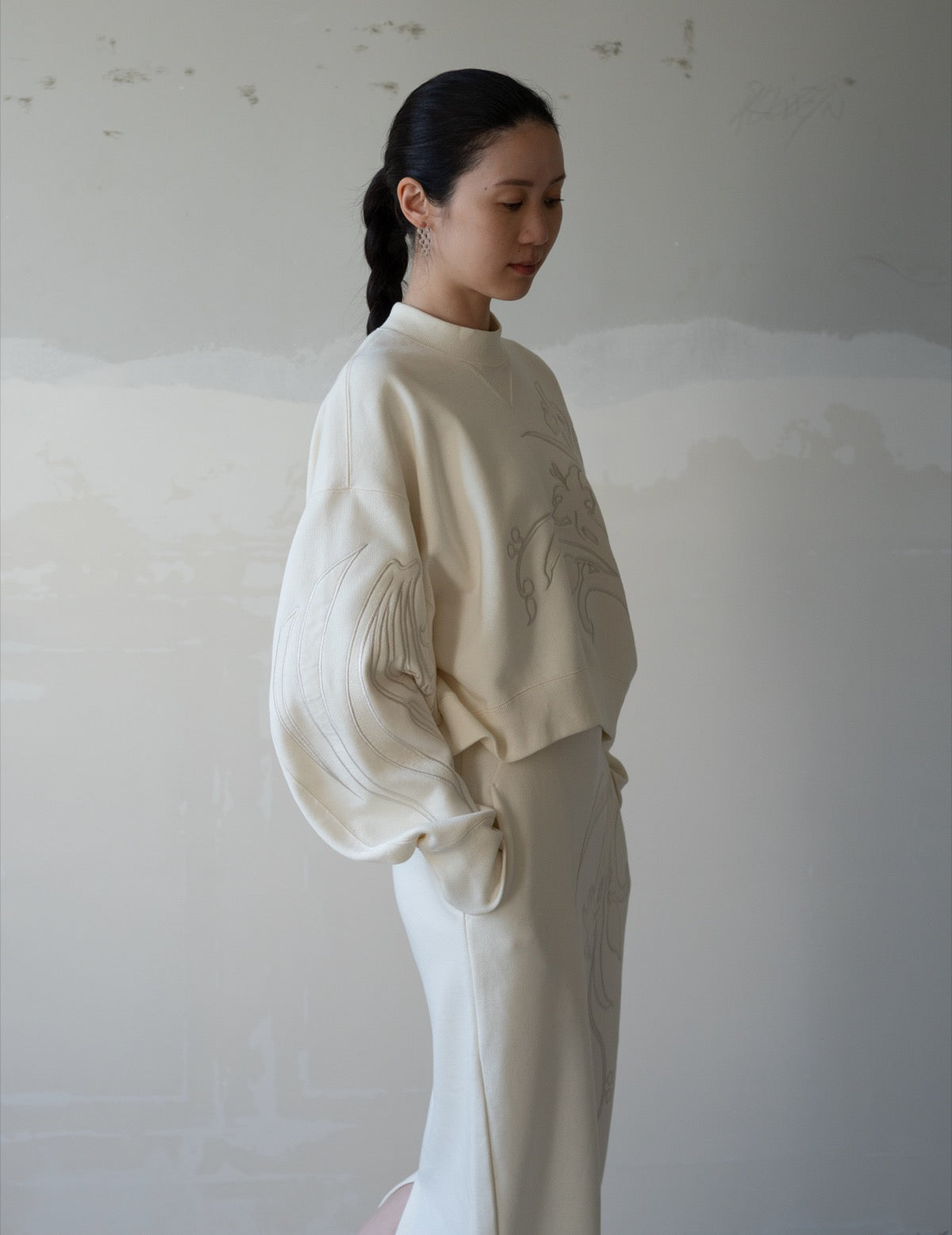 Floral Embroidery Sweat Skirt・Ecru