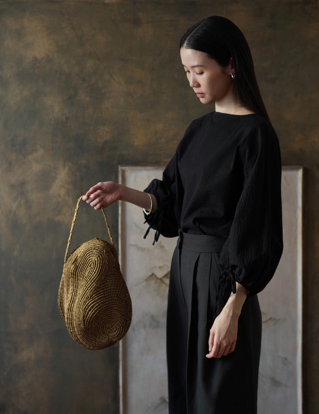 Mame Kurogouchi | Cording Embroidery Stone Round Shape Mini Bag・Gold