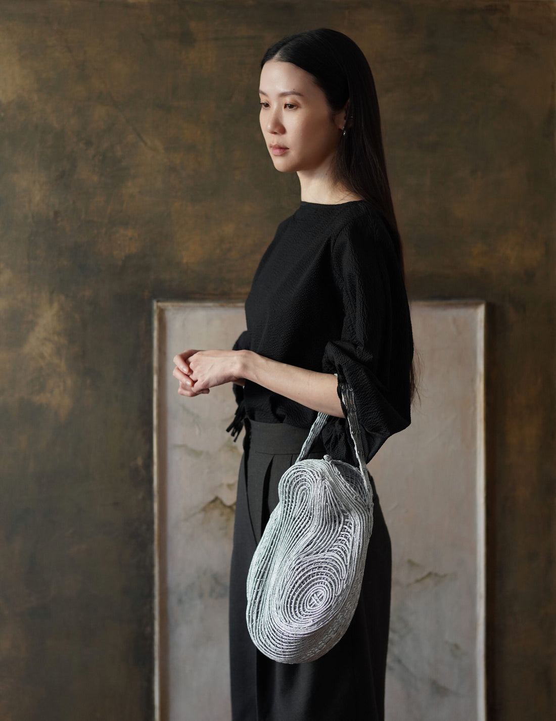 Mame Kurogouchi | Cording Embroidery Stone Round Shape Mini Bag・Silver