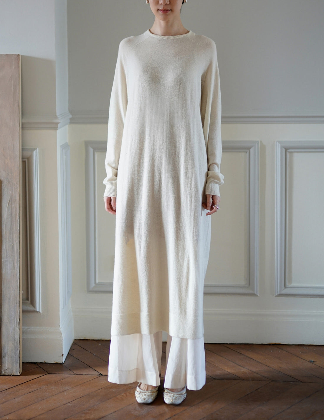 Robe longue en soie et cachemire ・ Blanc