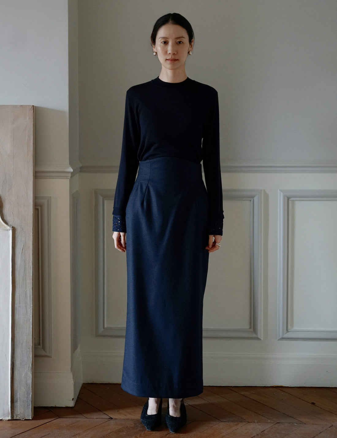 MAME KUROGOUCHI | Wool Flannel I-Line Skirt．Navy