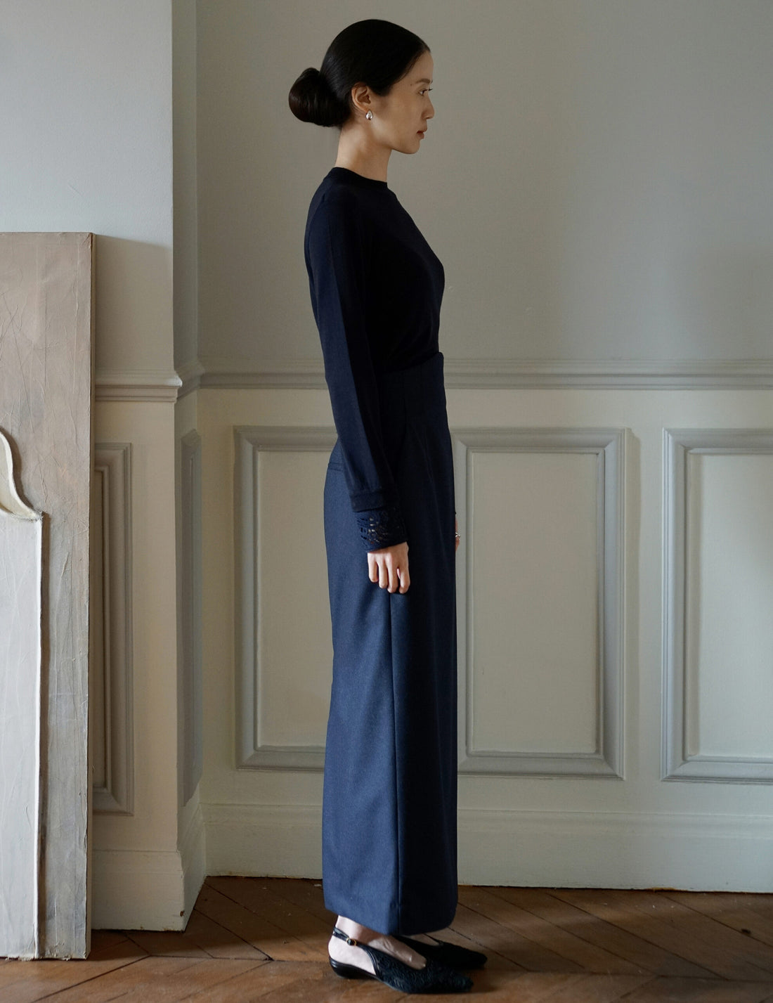 MAME KUROGOUCHI | Wool Flannel I-Line Skirt．Navy