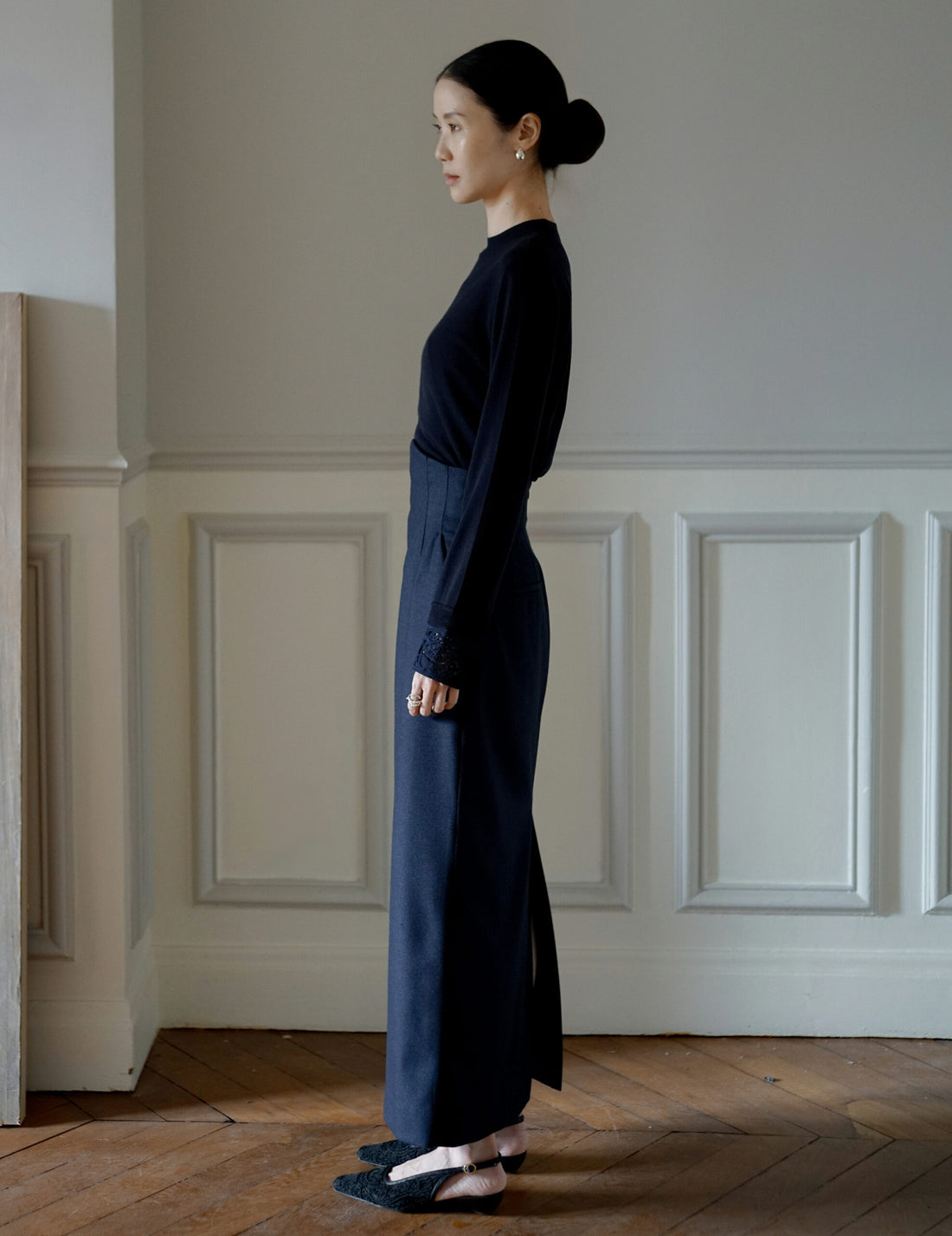 MAME KUROGOUCHI | Wool Flannel I-Line Skirt．Navy